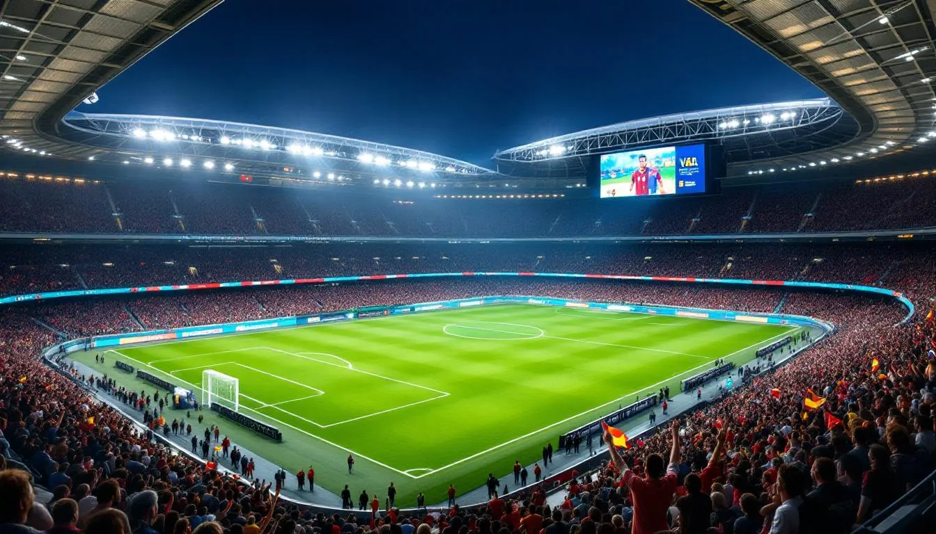 . Nowoczesny stadion z technologią VAR, na którym odbywają się mecze Euro 2024, ukazuje zaawansowane rozwiązania technologiczne w piłce nożnej, stanowiące istotny element historii mistrzostw europy w piłce nożnej mężczyzn. W tle widoczne są trybuny wypełnione kibicami, co podkreśla atmosferę jednego z najważniejszych wydarzeń sportowych w Europie.