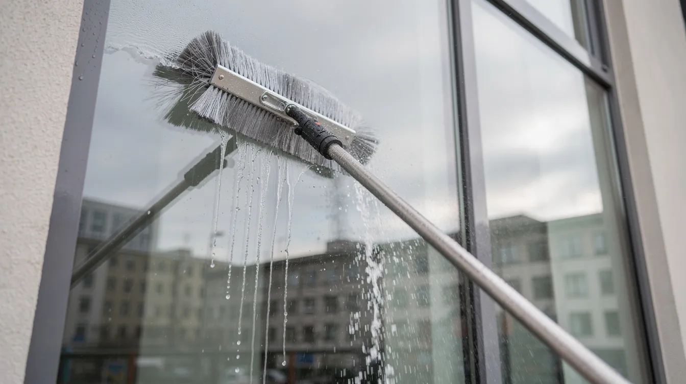 A waterfed pole is cleaning an exterior window, showcasing a clear, spotless surface without any person present in the frame. This professional cleaning service highlights the effectiveness of modern cleaning techniques for maintaining a clean home and enhancing curb appeal.