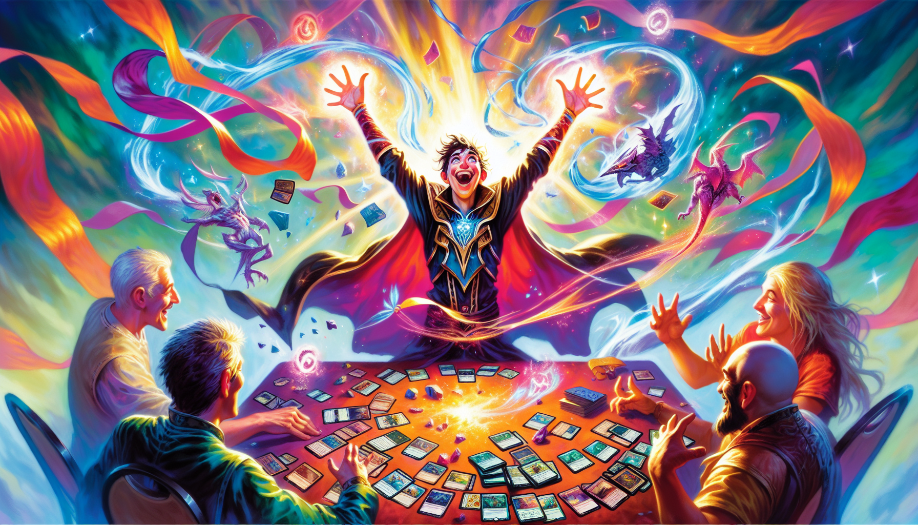 A victorious player celebrating after winning a Magic Gathering game.