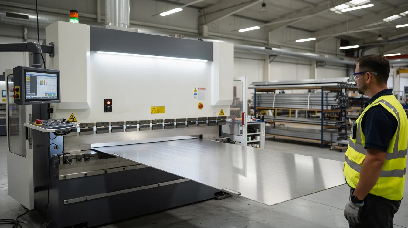 The image depicts a CNC press brake machine in a modern factory, actively bending a piece of sheet metal, showcasing the sheet metal fabrication process. The machine highlights the precision and efficiency of metal bending, essential for producing high-quality sheet metal parts in various industries.