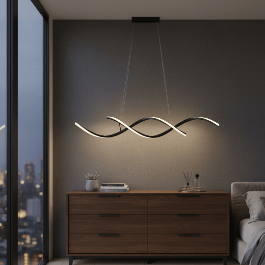 Wave-shaped LED pendant light suspended above a bedroom dresser in a contemporary interior.