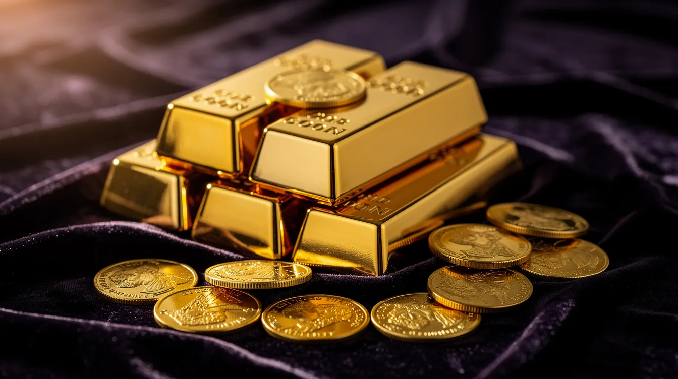 Auf der dunklen Samtunterlage sind mehrere gestapelte Goldbarren zu sehen, umgeben von einzelnen Goldmünzen. Diese Anordnung von Edelmetallen symbolisiert eine wertvolle Investition und könnte für Anleger von Interesse sein, die sich mit Themen wie Goldpreis und Steuerlast beschäftigen.