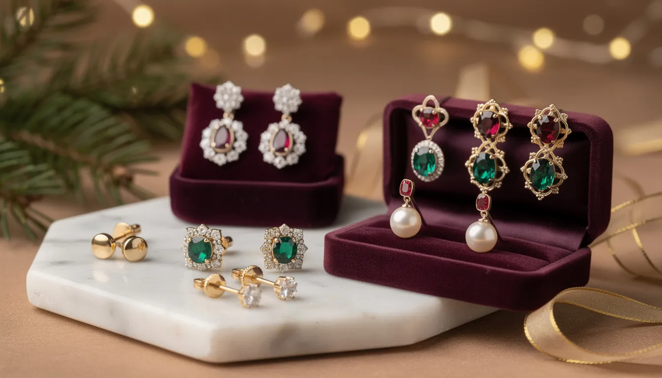 The image showcases a stunning array of Christmas earrings, featuring simple gold studs, sparkling pendants, and elegant pearl drops that beautifully catch the light. The collection also includes vintage-inspired designs adorned with rich emerald and ruby gemstones, perfect for gifting a loved one this festive season.
