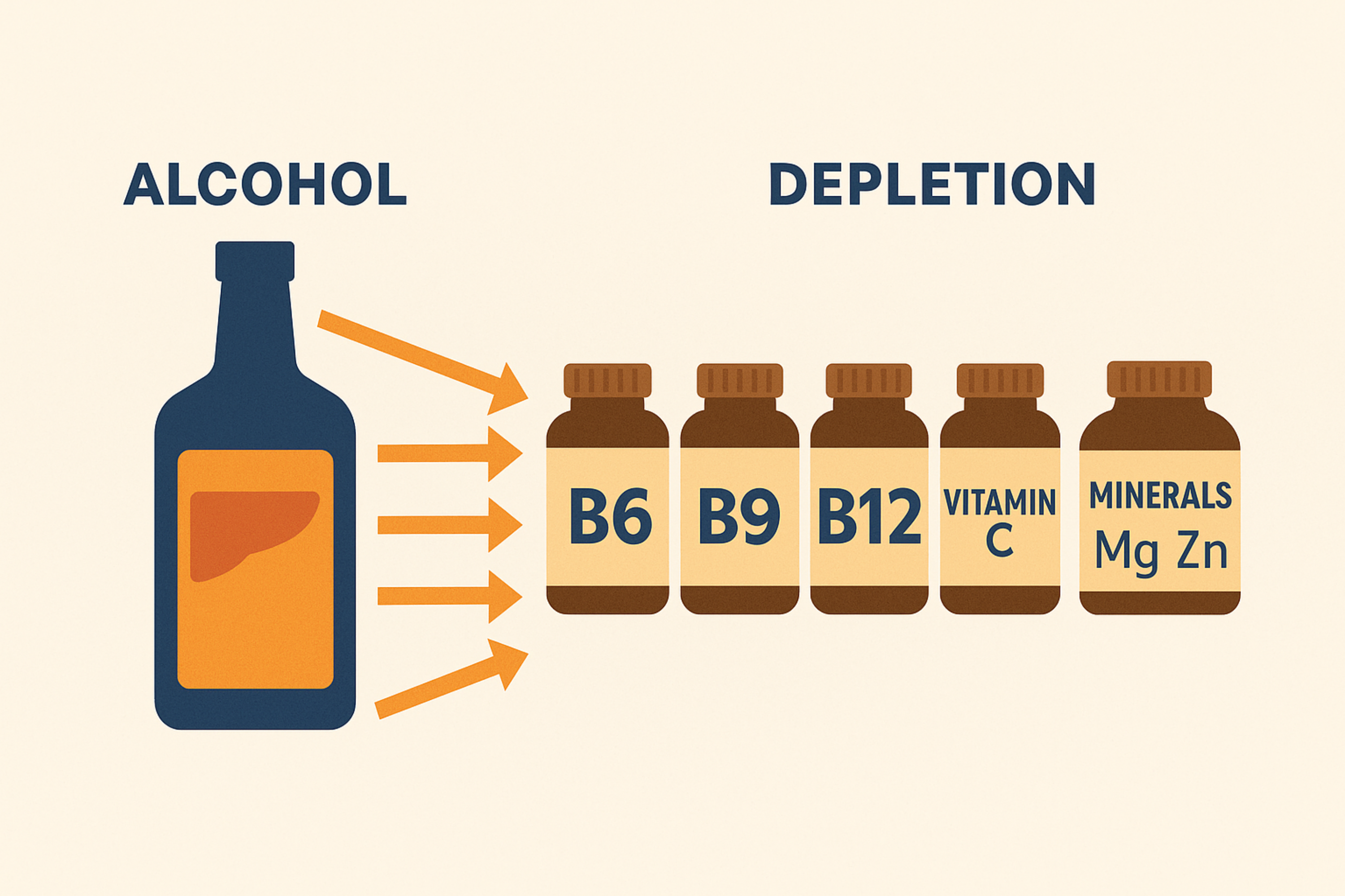 Series of vitamin bottles labeled B1, B6, B9, B12, Vitamin C, and minerals like magnesium and zinc with arrows showing depletion due to alcohol consumption.