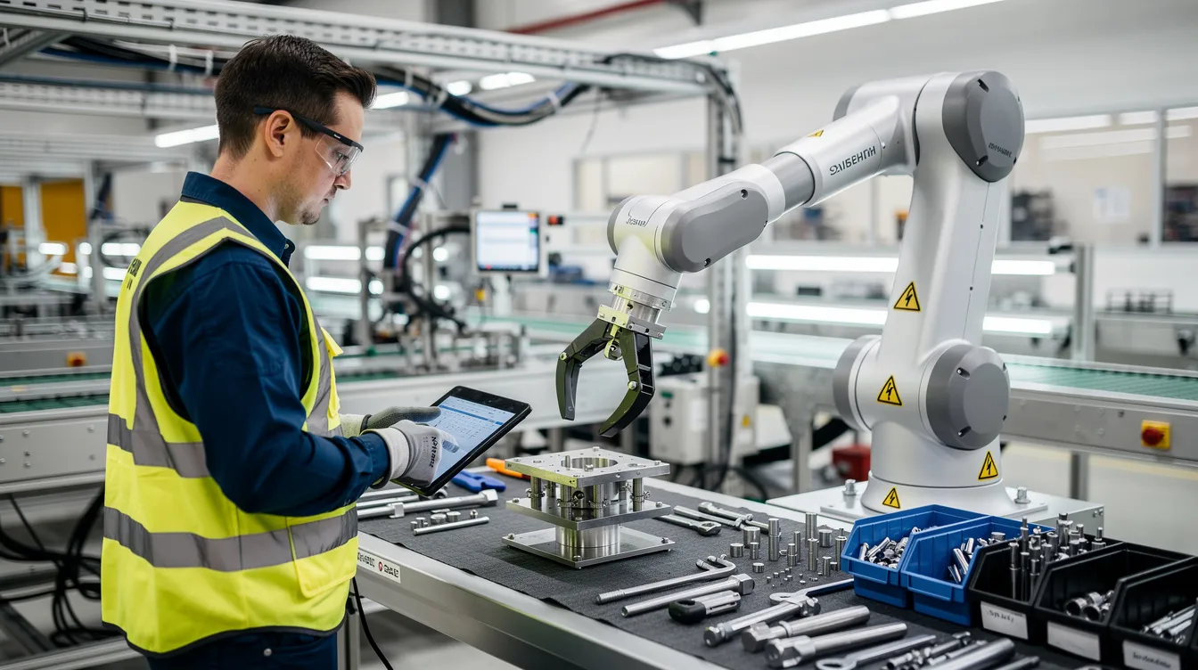 L'image montre un robot industriel collaboratif travaillant en harmonie aux côtés d'un opérateur humain dans une usine moderne, illustrant l'intégration de l'intelligence artificielle dans le milieu de travail. Cette collaboration met en avant l'utilisation de technologies avancées pour améliorer la productivité et l'efficacité des tâches industrielles.