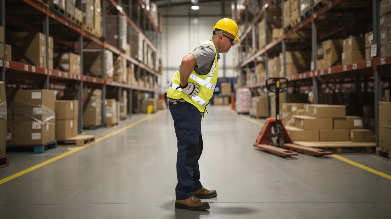 An injured worker is holding their lower back while standing near warehouse equipment, indicating a possible workplace injury. This scene highlights the importance of understanding workers compensation benefits for back injuries and the potential need for medical treatment and financial support.
