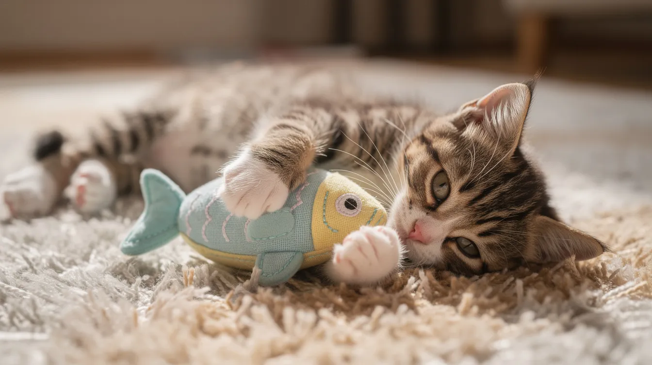 A small tabby kitten is lying on its side on a soft rug, hugging a plush fish toy with its front paws while playfully kicking it with its hind legs. This adorable scene captures the playful behavior of kittens as they interact with their favorite kicker toy, showcasing their natural instincts to grab and bite at their "prey."