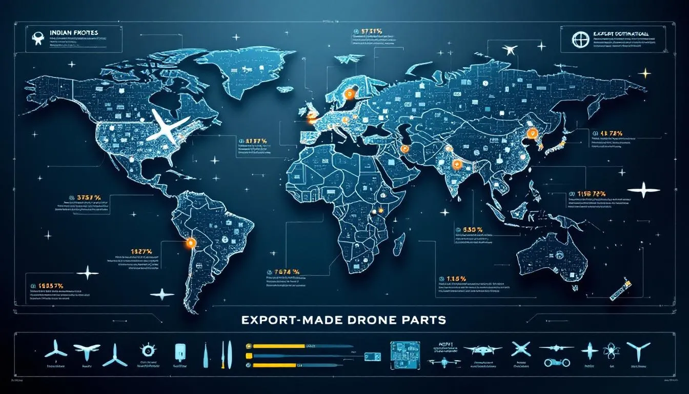 Export potential of Indian-made drone parts, featuring a map and drone components.