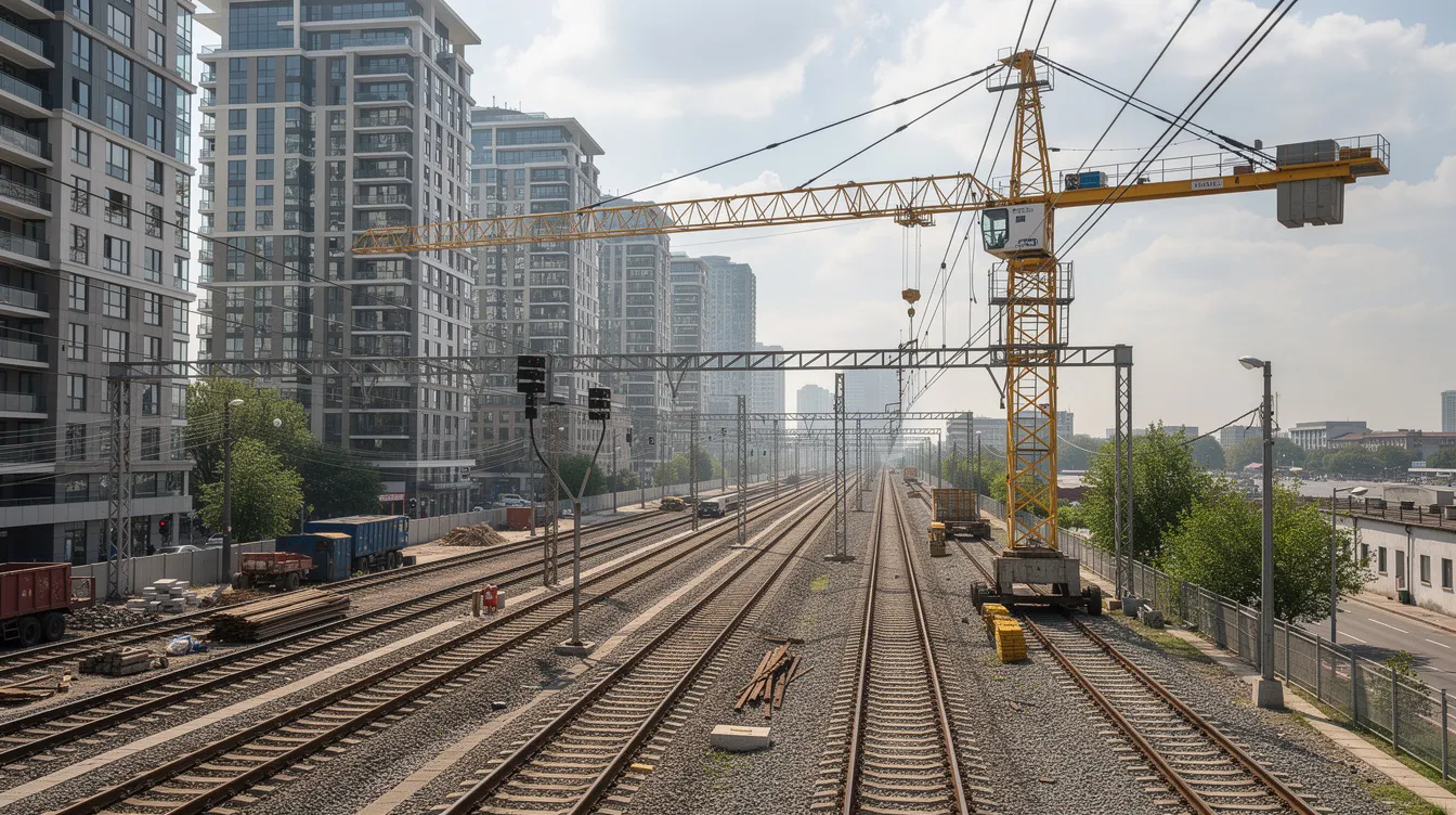 A large construction crane is positioned above railway tracks in downtown Toronto, with residential towers rising in the background. This scene captures the ongoing development of the rail deck project, which aims to transform the rail corridor into a vibrant urban park space for the community.