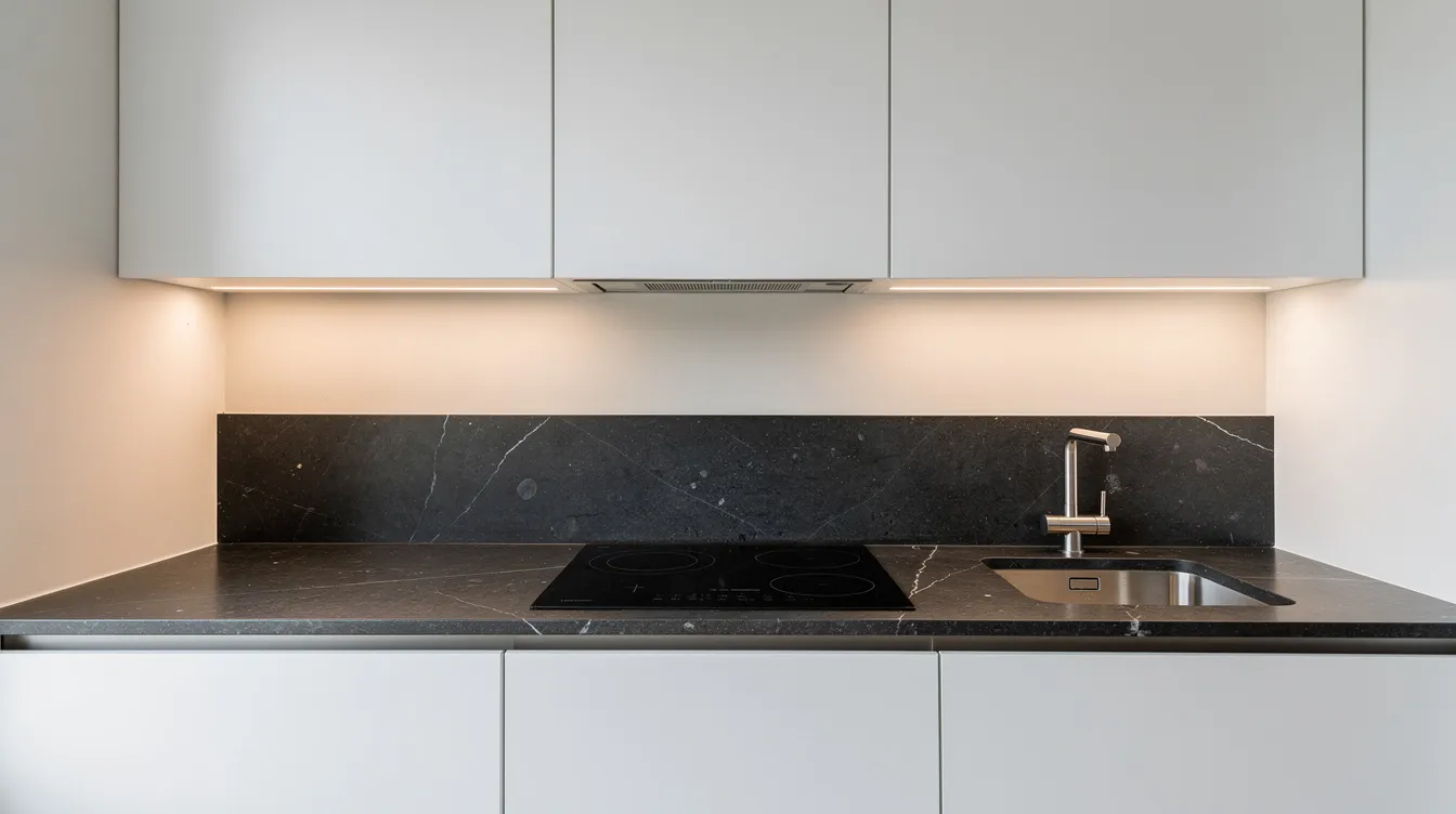 Ett modernt kök med vit inredning där LED-belysning under överskåpen lyser upp en mörk stenbänkskiva, vilket skapar ett bra arbetsljus och en inbjudande atmosfär. Belysningen ger en jämn och behaglig ljusstyrka som framhäver köksbänken.