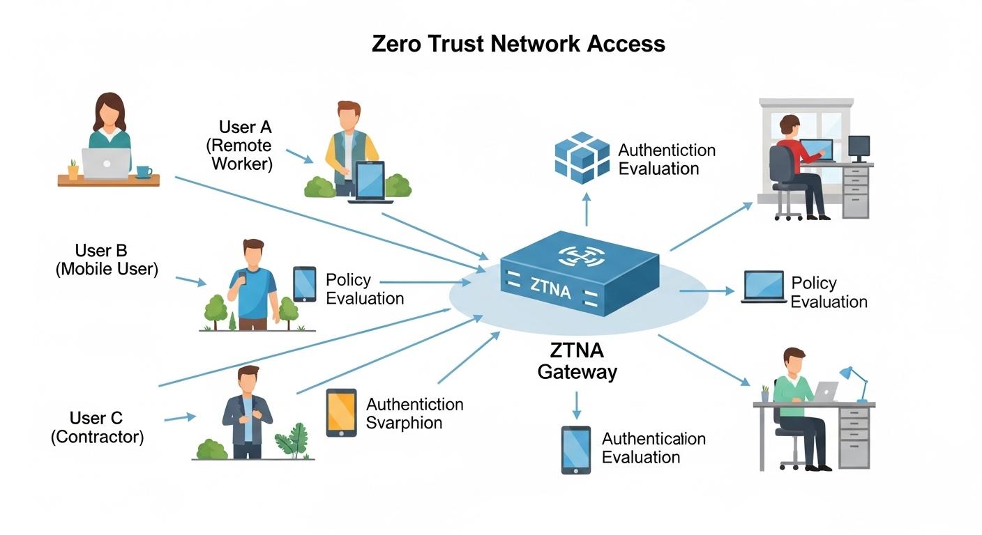 Zero Trust Network Access architecture showing users securely connecting only to authorized applications instead of the entire corporate network.