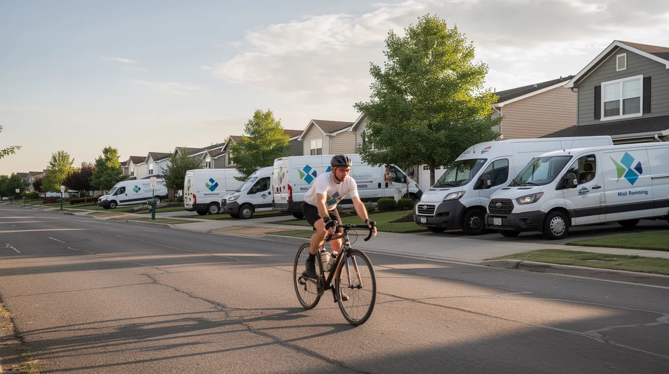 A cyclist is riding along a suburban road, surrounded by parked delivery vans and residential homes. This scene highlights the potential risks of bicycle accidents, emphasizing the importance of safety and legal representation for injured bicyclists in cases of collisions with negligent drivers.