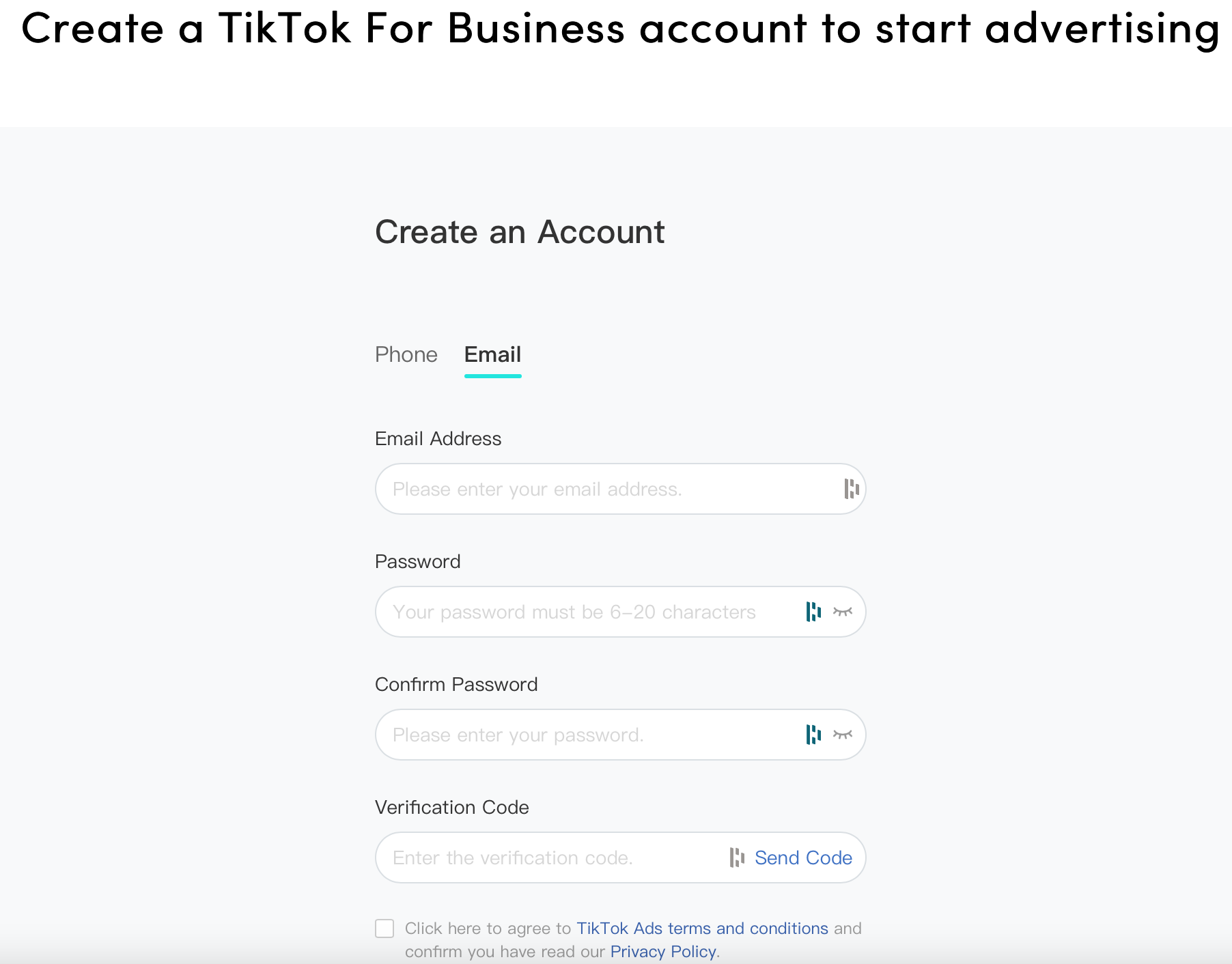 Anmeldung bei TikTok for business