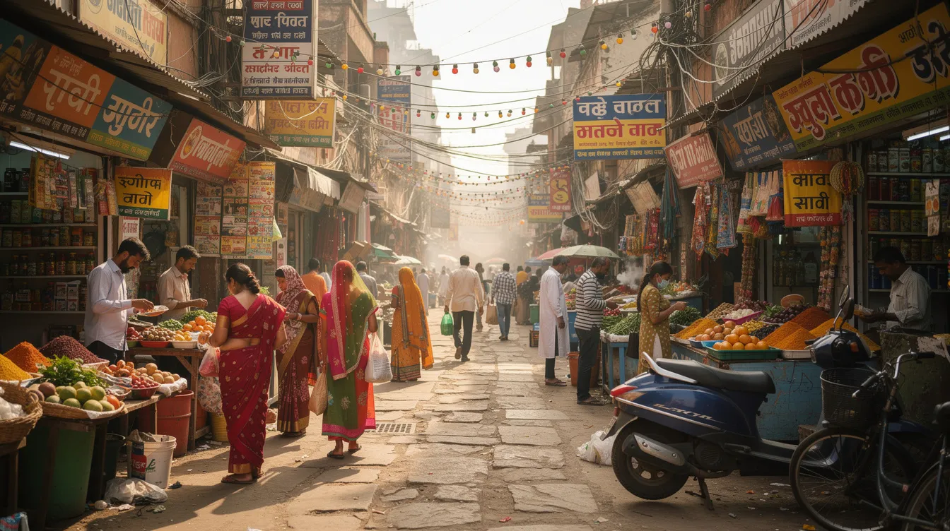 0b74fa65 939c 42e2 8aa4 f1642186ce73 The image depicts a bustling Indian market lane lined with various small shops on either side, where customers are actively walking and browsing. This vibrant scene showcases the essence of micro and small enterprises in India, highlighting the entrepreneurial spirit and the daily life of local business activities.