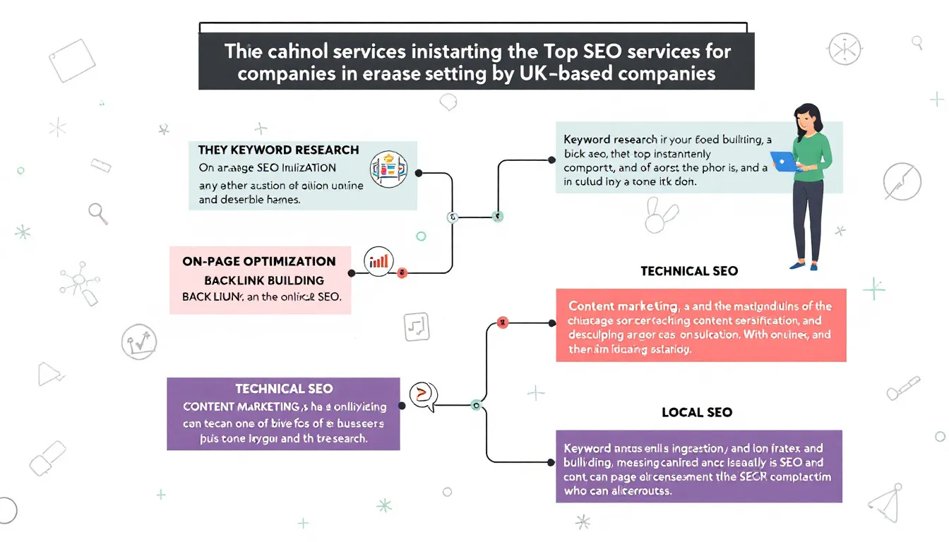 An informative graphic showcasing the top SEO services offered by UK companies, highlighting various strategies such as keyword research, link building, and technical SEO. It emphasizes the importance of a successful SEO campaign for improving online visibility and driving organic traffic to enhance business growth.