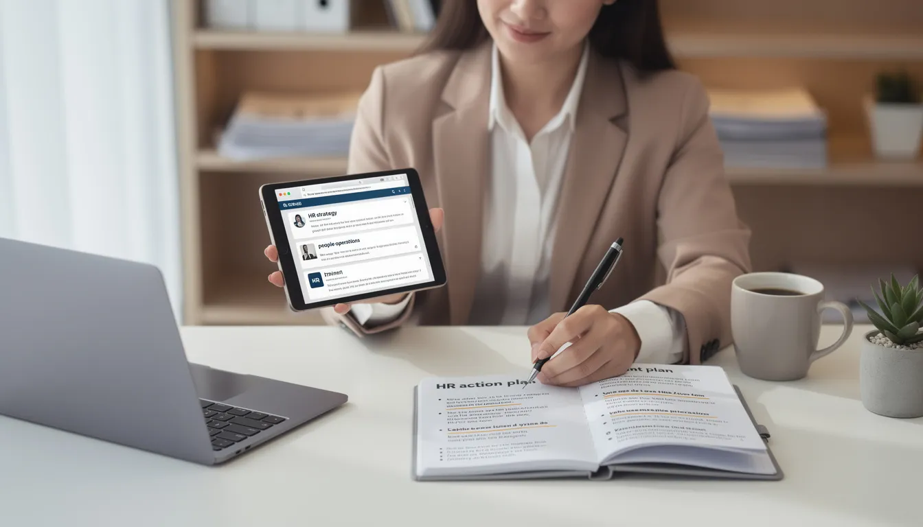 An HR professional is intently reviewing various blog sources on a tablet, taking notes on implementation strategies that enhance employee engagement and align HR strategies with organizational objectives. This scene highlights the importance of staying updated on HR trends and best practices in human resources management for fostering a positive workplace culture.
