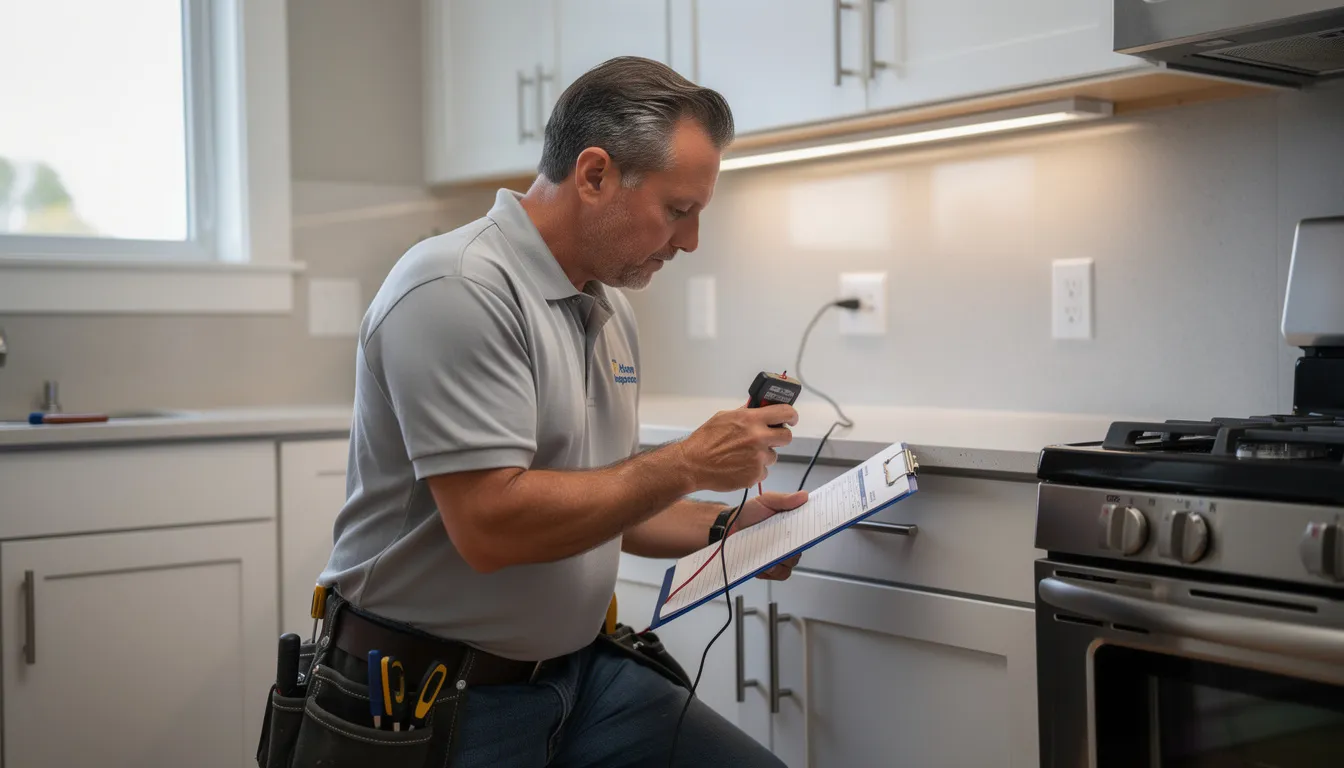 A professional home inspector is carefully examining electrical outlets in a residential kitchen, ensuring they meet health and safety standards. This inspection is crucial for maintaining affordable housing options for low-income families and ensuring rental properties comply with housing quality standards. A professional home inspector is carefully examining electrical outlets in a residential kitchen, ensuring they meet health and safety standards. This inspection is crucial for maintaining affordable housing options for low-income families and ensuring rental properties comply with housing quality standards.