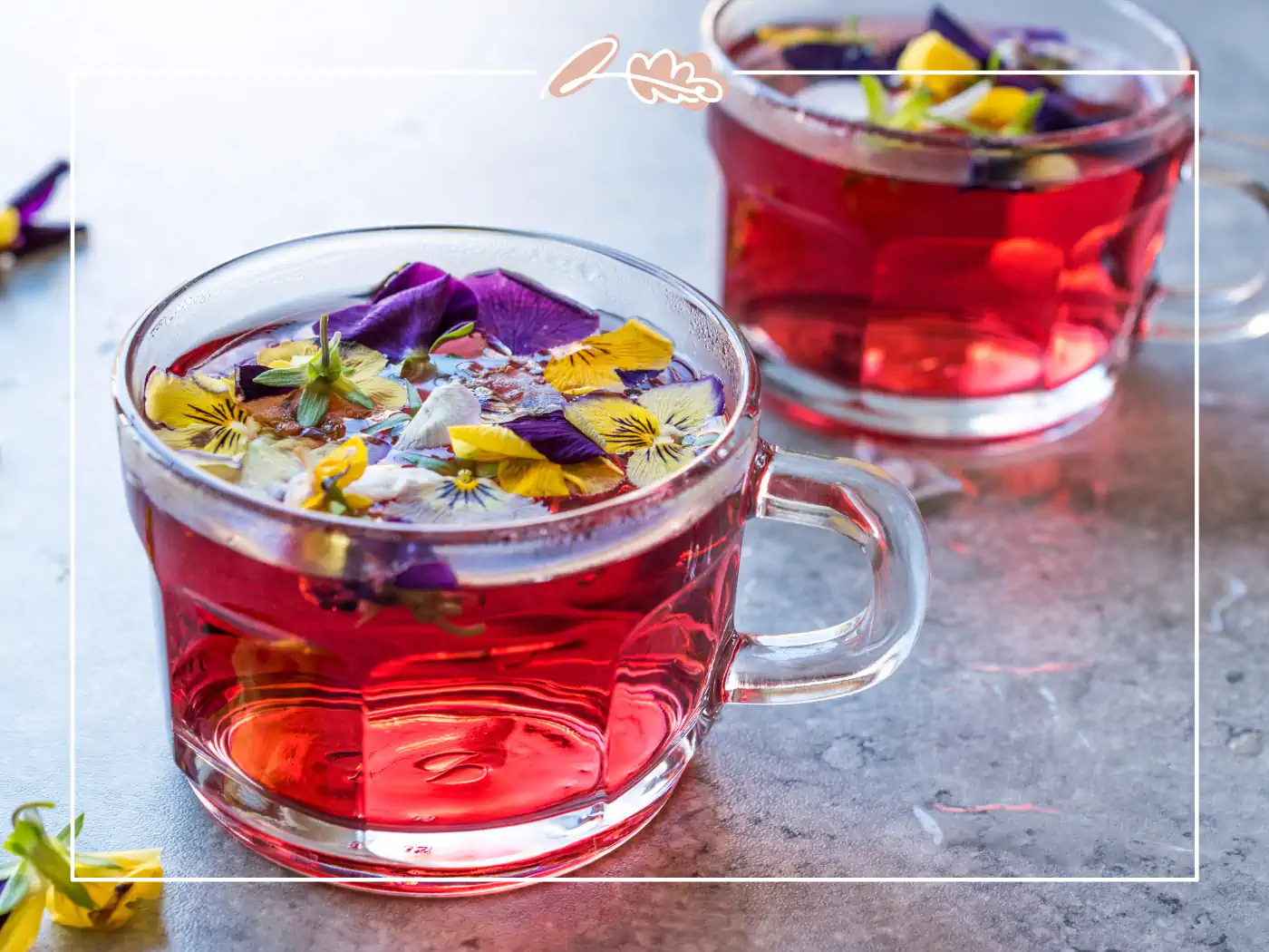 Glass cup filled with a red beverage and floating edible flowers. Fabulous Flowers and Gifts.