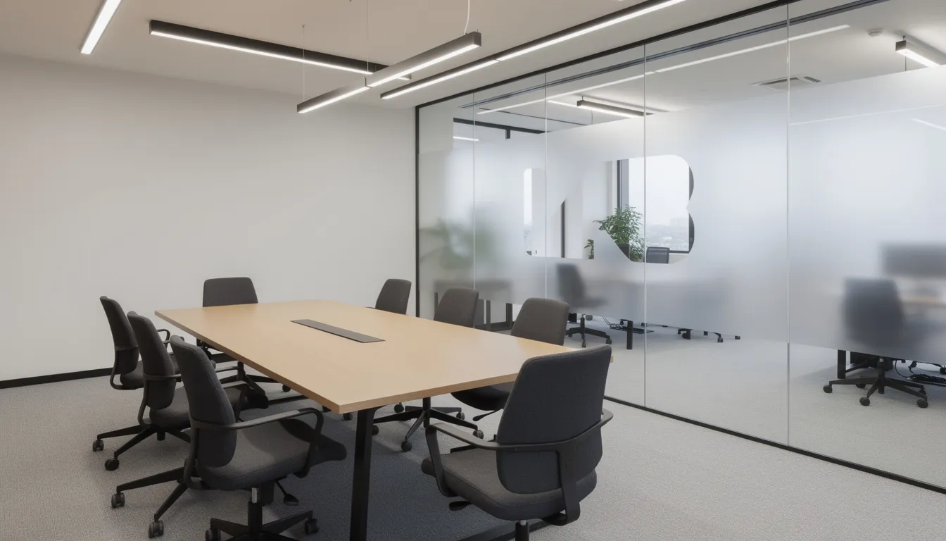 The image depicts a modern office conference room featuring a frosted glass partition with a clear company logo cutout, allowing natural light to filter through while maintaining privacy. The frosted glass surface enhances the contemporary aesthetic of the space, making it ideal for professional meetings.