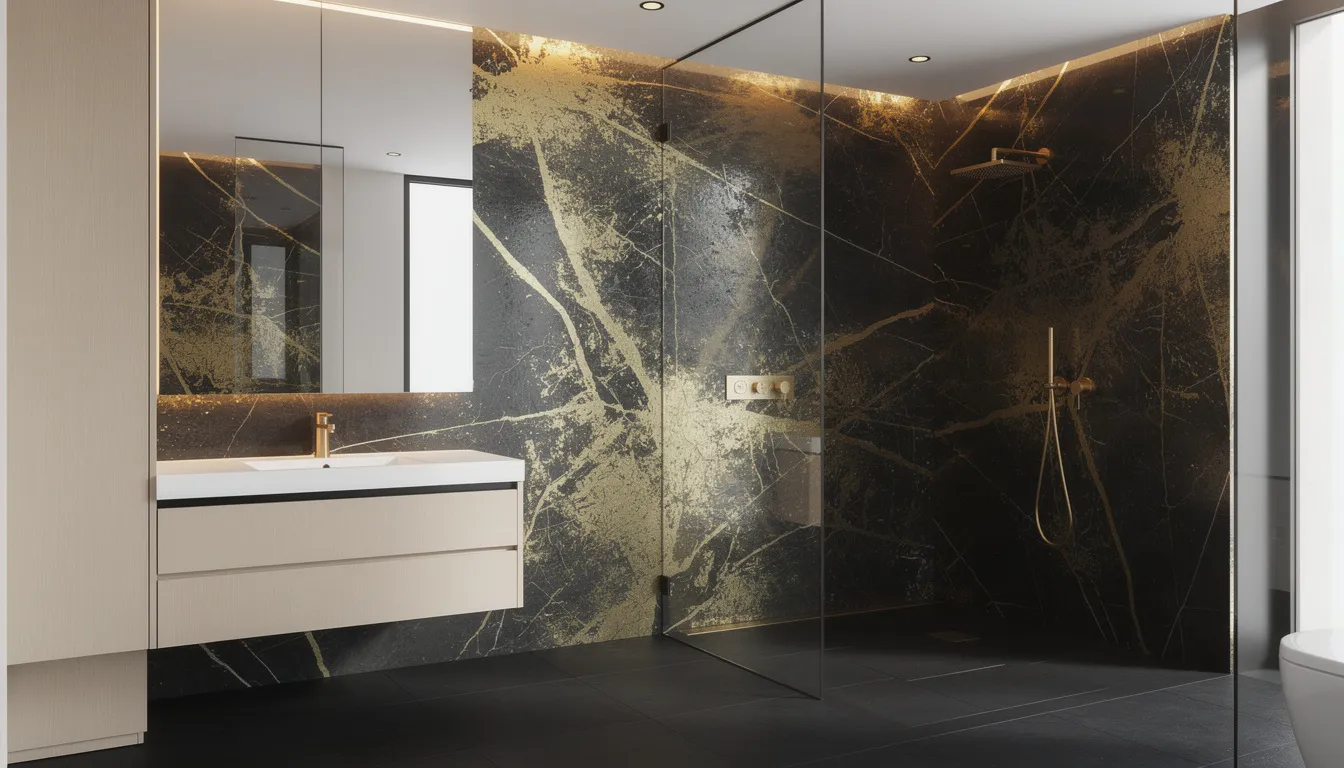 Een moderne badkamer met wandpanelen in een zwart-gouden marmerlook, voorzien van een luxe uitstraling. De gouden douchekraan voegt een elegant accent toe aan het geheel.