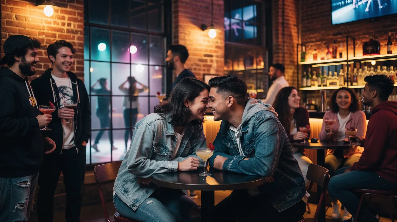 A lively group of Gen Z friends is enjoying a night out at a cocktail bar in Williamsburg, Brooklyn, where a couple engages in a close conversation amidst the vibrant atmosphere filled with laughter and the sounds of a nearby dance floor. This ideal date night spot features signature cocktails, making it a perfect place for new friends to meet and create memorable moments.