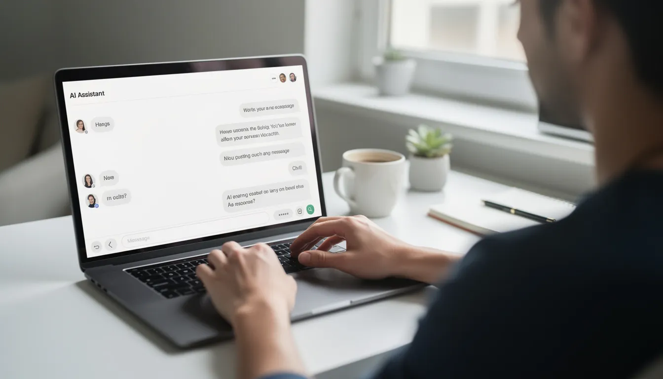 The image shows a person engaged in a conversation with an AI displayed on their computer screen, highlighting the interaction between human creativity and artificial intelligence in the software development landscape. This scene reflects the ongoing discussion about whether AI will replace software engineers and its impact on coding skills and problem-solving in the industry.