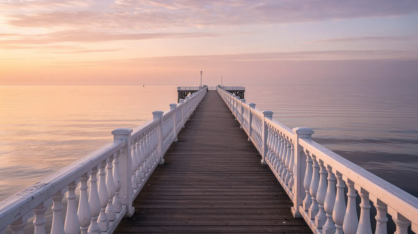 Die lange Seebrücke von Binz mit ihrem weißen Geländer erstreckt sich majestätisch über das ruhige Wasser der Ostsee, während der pastellfarbene Himmel des Sonnenaufgangs eine malerische Kulisse schafft. Dieses Bild zeigt eine der bedeutendsten Sehenswürdigkeiten im Ostseebad Binz auf der Insel Rügen, die Besucher zum Flanieren und Erholen einlädt.