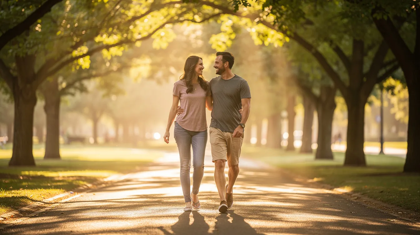 A happy couple strolls hand in hand along a tree-lined path during the golden hour, embodying the joy of a committed relationship filled with emotional connection and mutual support. Their smiles reflect a deeper connection as they enjoy shared interests and similar values, making their walk a fun way to strengthen their bond.