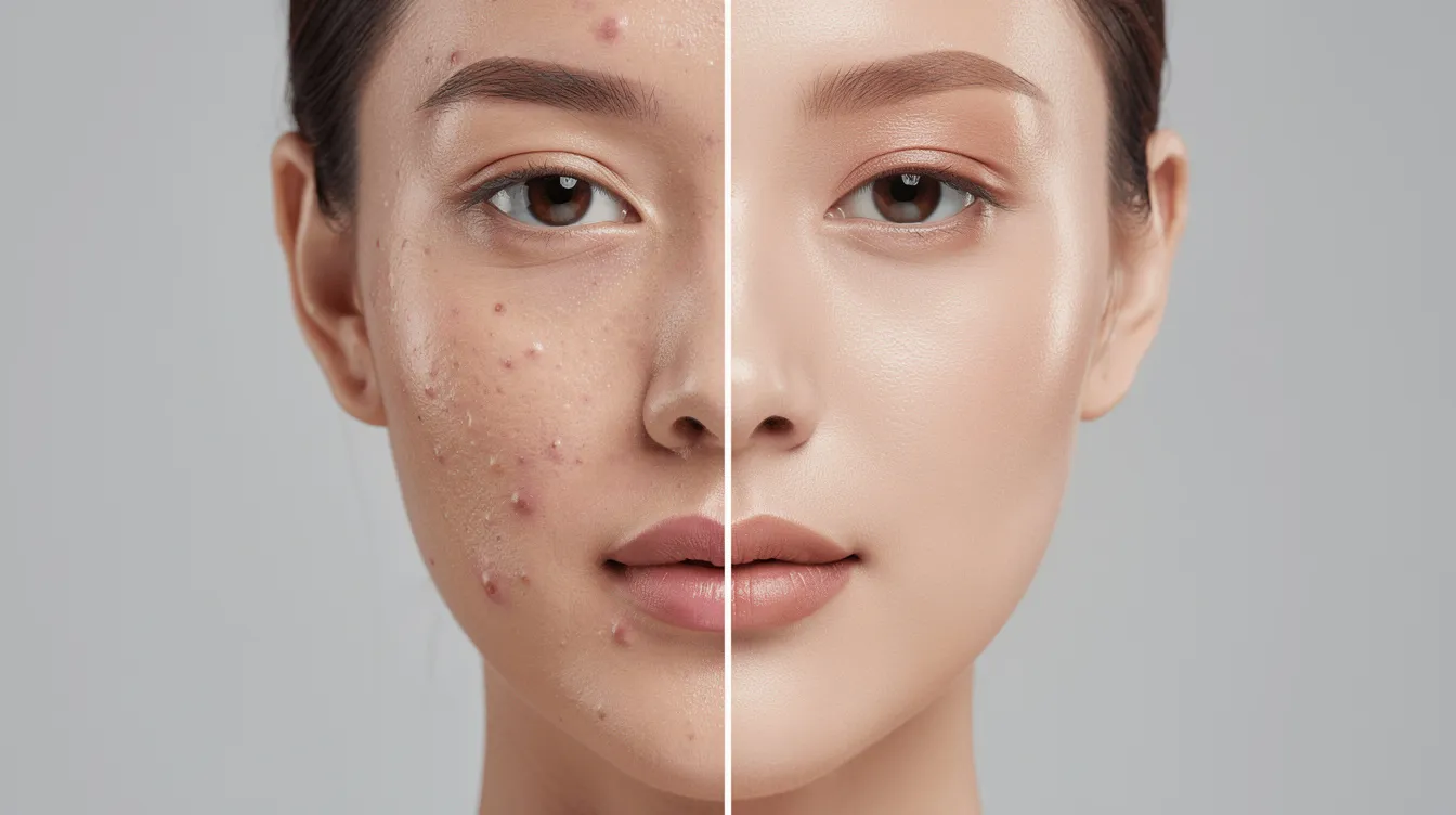 Imagen comparativa de dos mitades de un rostro femenino: a la izquierda, la piel muestra una textura irregular con imperfecciones, mientras que a la derecha, la piel es suave y uniforme, evidenciando los resultados de un tratamiento con láser fraccionado no ablativo.
