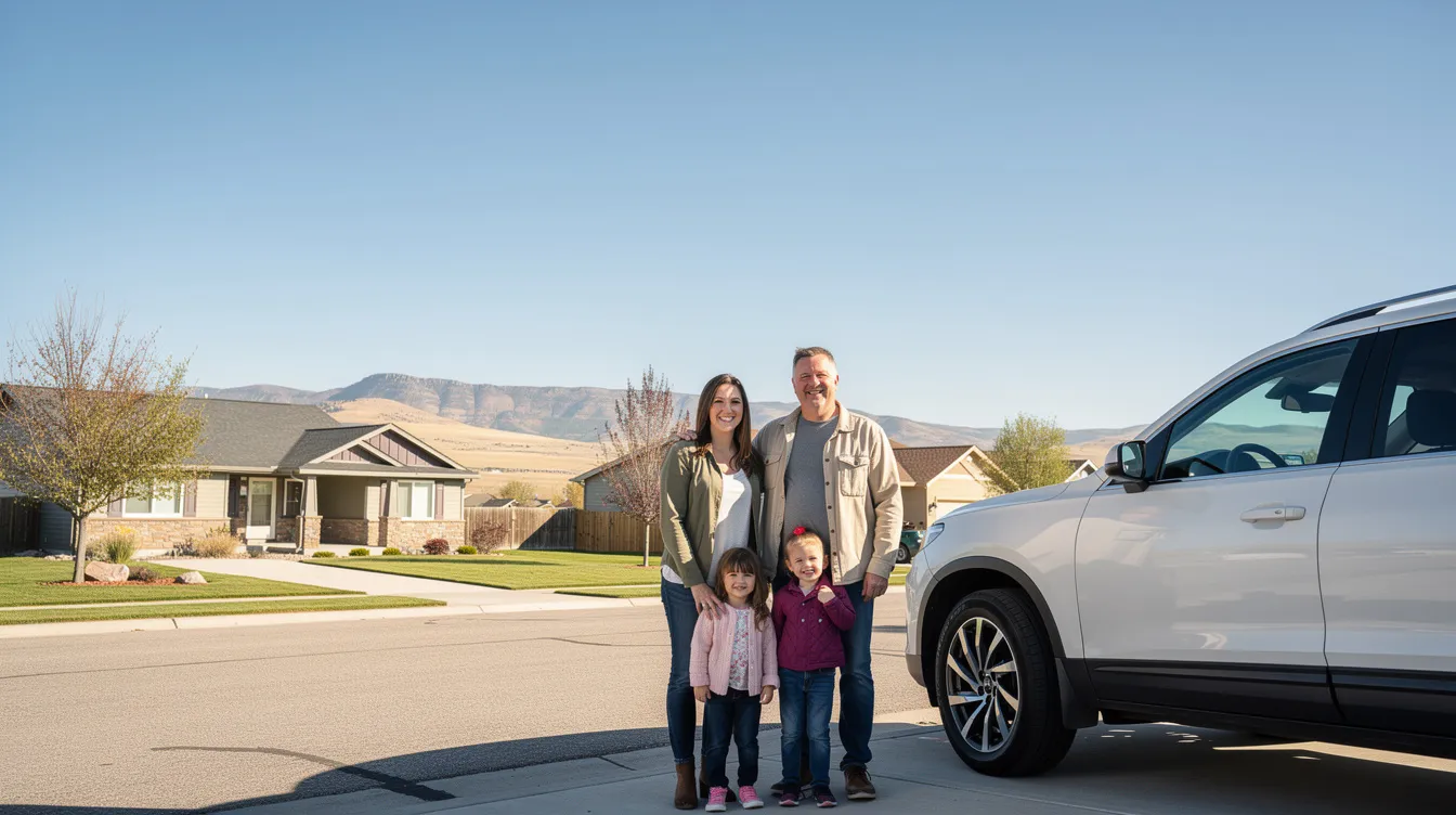 A family stands together near a vehicle in a suburban Wyoming neighborhood under a clear blue sky, symbolizing stability amidst financial challenges like car loans and potential bankruptcy filings. The scene reflects a moment of togetherness and hope, highlighting the importance of seeking legal assistance for managing debts and securing bankruptcy protection.