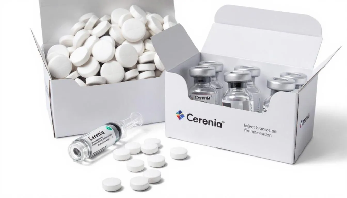 The image displays various forms of Cerenia medication, including tablets in blister packs and injection vials, which are used to treat nausea and vomiting in dogs, particularly for those experiencing motion sickness or acute vomiting. This FDA-approved medication, containing maropitant citrate, is essential in veterinary medicine for managing conditions like nausea and preventing vomiting in canine patients.