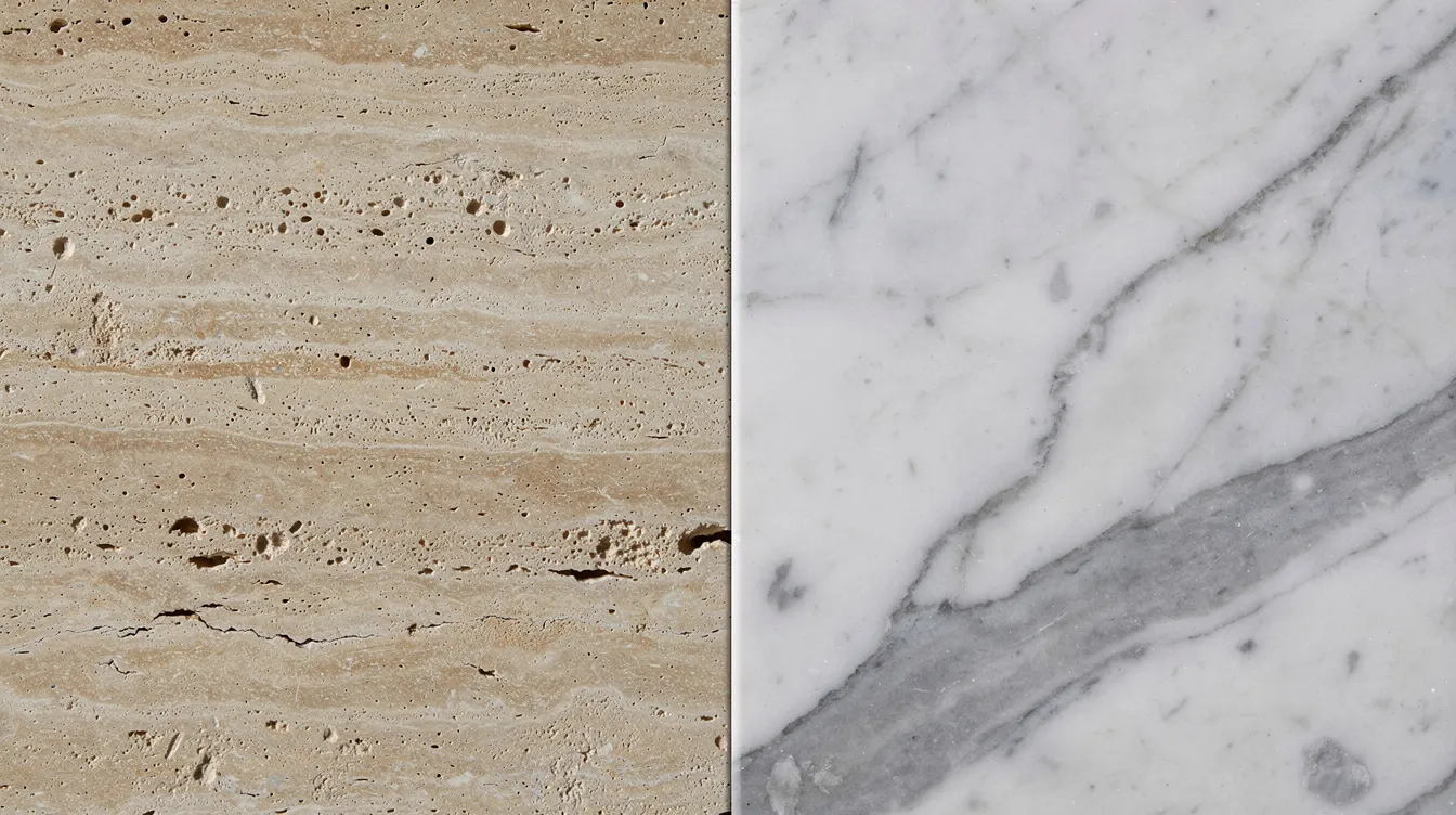 The image features a close-up view of natural marble and travertine tile surfaces, highlighting their intricate veining and texture. These durable materials are known for their timeless appeal and are excellent choices for high traffic areas in homes, offering both style and easy maintenance.