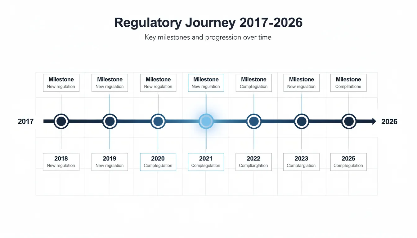 The image depicts a horizontal timeline bar illustrating the regulatory journey of nicotinamide mononucleotide (NMN) supplements from 2017 to 2026, marked by key dates and connecting points that highlight significant events related to FDA decisions and dietary supplement regulations. This visual representation emphasizes the evolving landscape of NMN regulation and its impact on consumer access to dietary supplements.