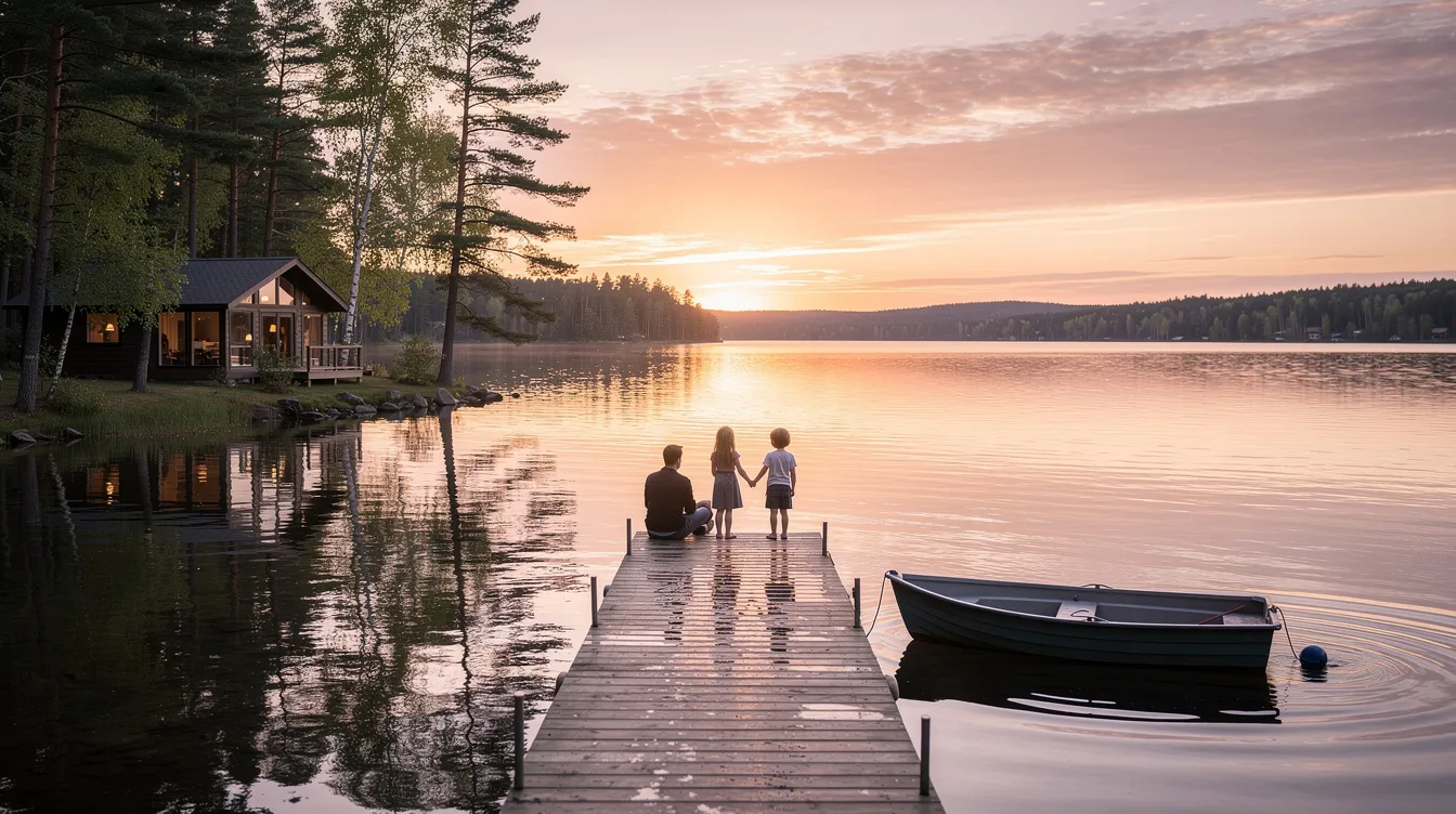 A family enjoys a serene sunset at their lakefront property, with a floating dock extending into the calm water, perfect for swimming and boating activities. The scene captures the tranquility of the lake, highlighting the best floating dock options for waterfront property owners.