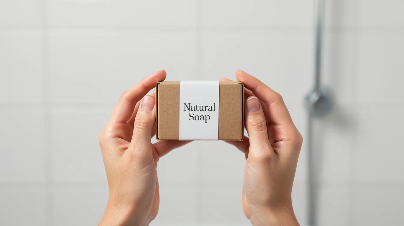 A pair of hands holds a cardboard-wrapped soap bar near a tiled shower, showcasing an eco-friendly body soap made with natural ingredients. The packaging emphasizes its plastic-free and cruelty-free qualities, ideal for sensitive skin and a sustainable bath experience.