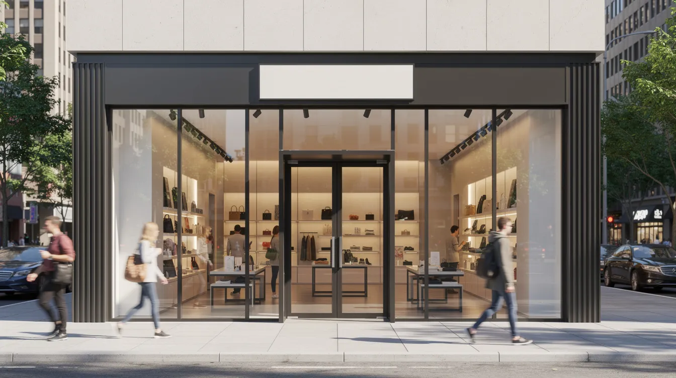 The image shows a modern retail storefront with large glass windows situated on a bustling city street. This storefront could potentially house a licensed cannabis dispensary, reflecting the evolving legal status of cannabis and hemp products in New York, where consumers can explore options like hemp-derived THCA products.