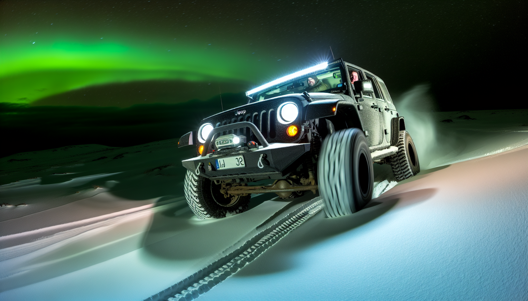 Super Jeep navigating rugged terrain under the northern lights