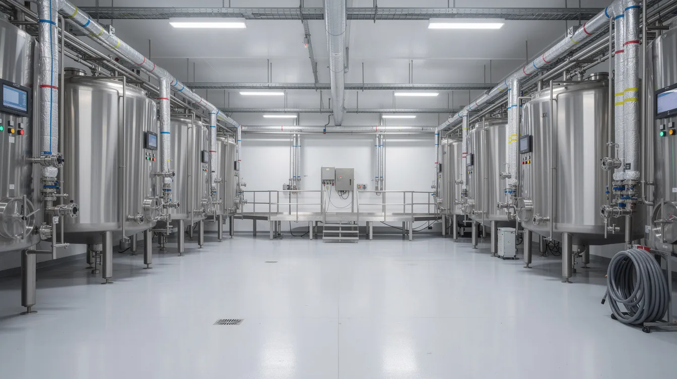 0b8f5946 8f54 4473 96c2 8d667ea9040d The image depicts the interior of an industrial dairy processing hall, featuring large stainless steel tanks and extensive piping systems essential for the ghee manufacturing process. This setup is indicative of a ghee processing plant, highlighting the sophisticated equipment used in the food processing industry to ensure quality control and efficient production.
