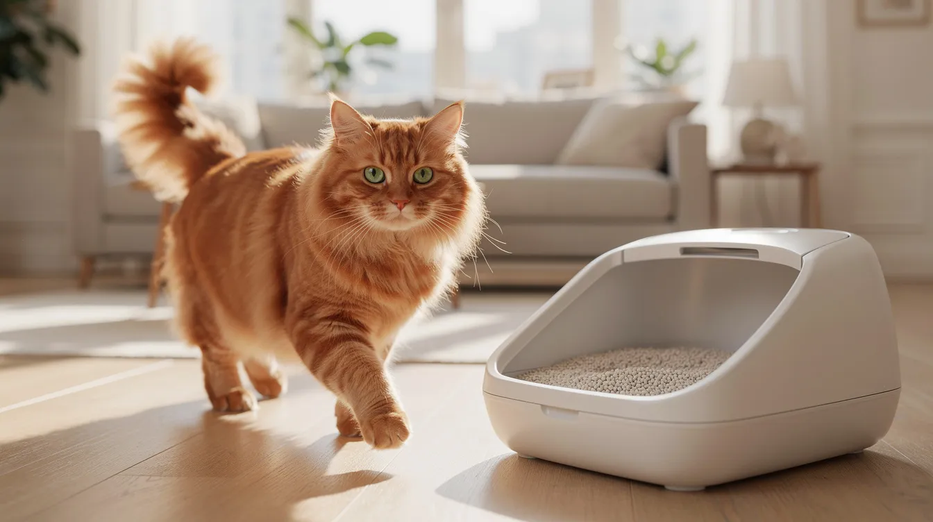 A fluffy orange cat walks past a clean, modern litter box in a bright living room, highlighting the importance of maintaining a clean litter box for the cat's health and well-being. The scene emphasizes the benefits of using clumping litter for effective odor control and monitoring the cat's urinary health.