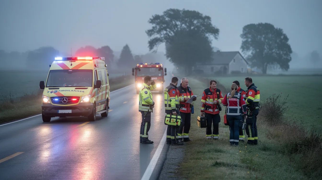 The image shows emergency responders standing near a rural roadway, attending to a scene that may involve a traumatic event. Their presence highlights the importance of mental health support for those affected, as such psychologically traumatic events can lead to emotional distress and potential workers comp claims for injured workers.