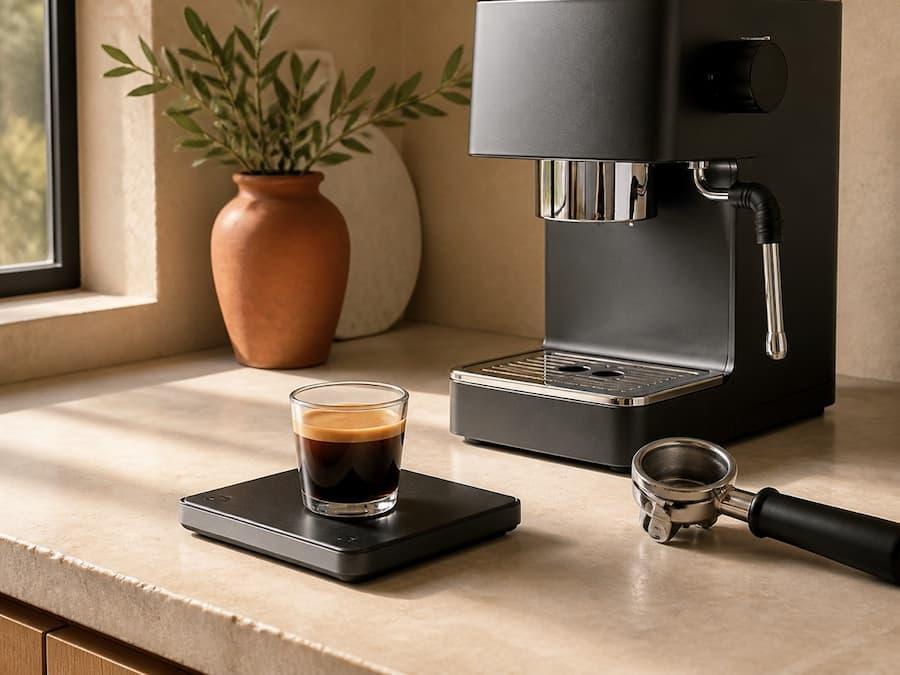 A home barista setup with a freshly pulled lungo on a digital scale