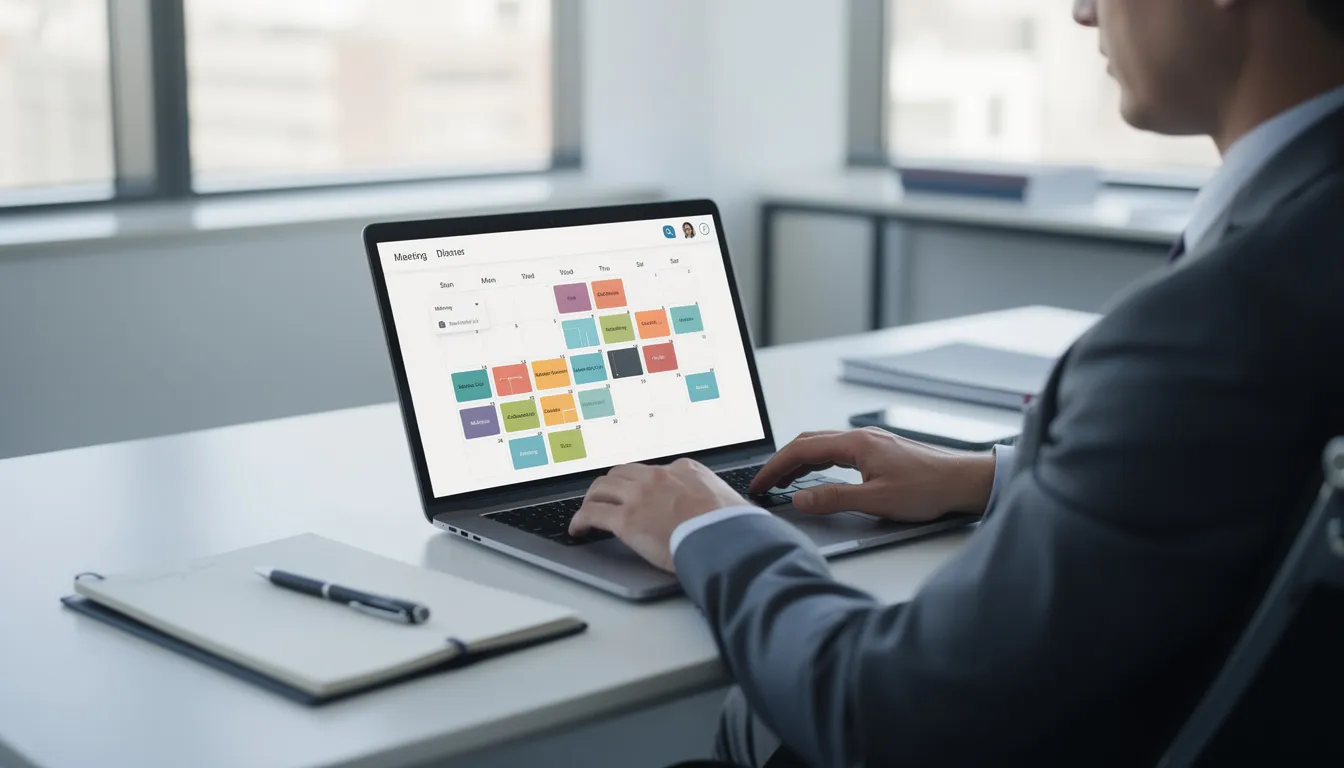 Ein professioneller Mitarbeiter sitzt an einem Laptop und zeigt eine Kalenderoberfläche mit verschiedenen Terminen und Buchungen. Die Darstellung umfasst eine Übersicht über anstehende Termine, die für die Kundenverwaltung und Online-Terminbuchung wichtig sind.