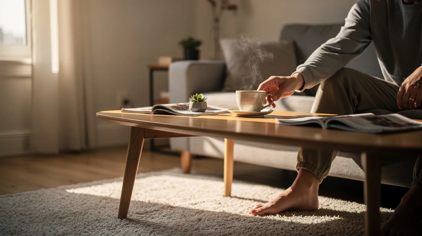 Een persoon ontspant op een bank en pakt een kopje koffie van een ovale salontafel, die perfect past in de gezellige sfeer van de woonkamer. De salontafel ligt op een comfortabele hoogte, waardoor het gemakkelijk is om dagelijkse voorwerpen te bereiken.