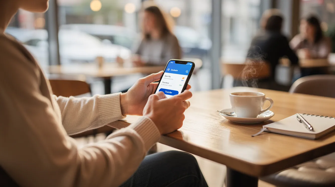 A person is seated in a cozy café, using a smartphone banking app to manage their bank account, with a steaming cup of coffee beside them. The scene captures the convenience of online banking services, reflecting the modern approach to day-to-day banking in Portugal.