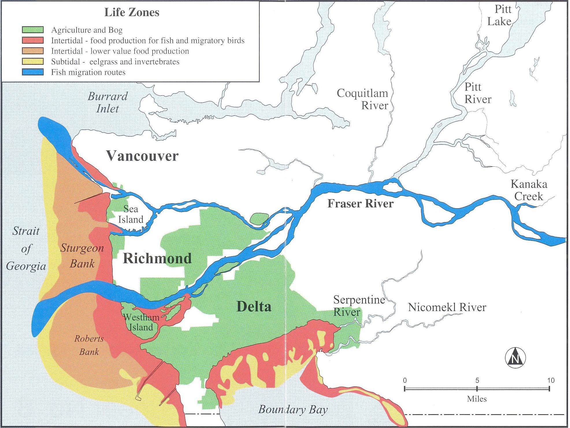 A map of Fraser river estuary and delta river.