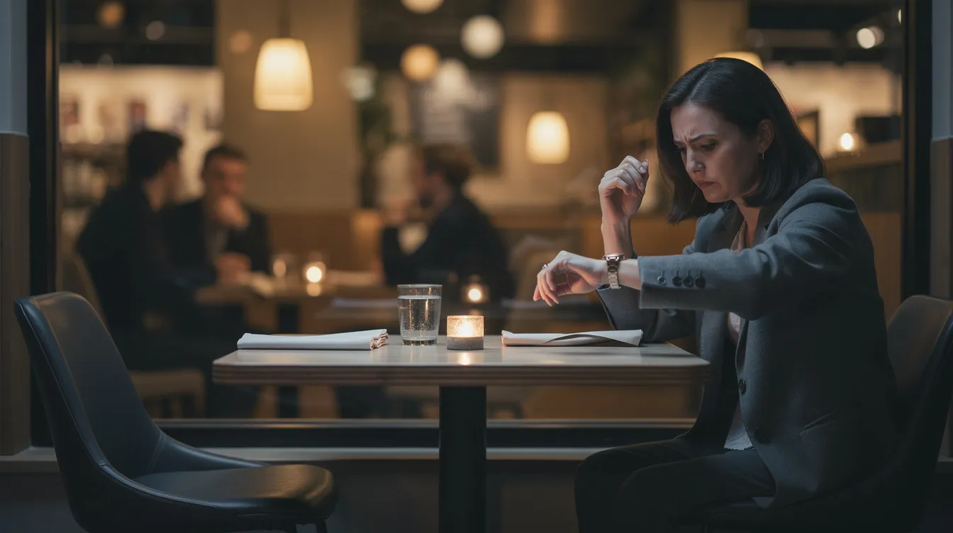 A person sits alone at a restaurant table, glancing at their watch while an empty chair across from them emphasizes the awkwardness of a bad first date. This scene highlights the challenges of online dating, where expectations can often lead to disappointment when two people aren't on the same page.