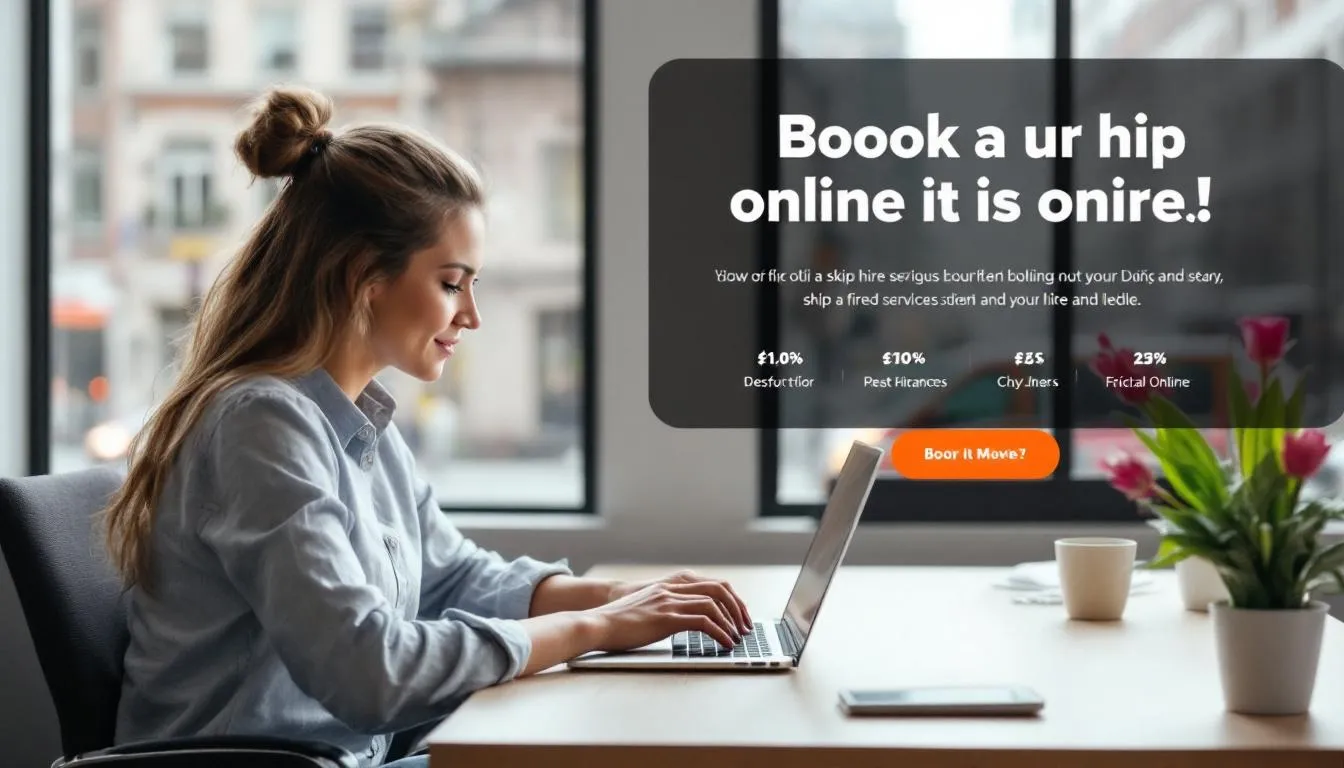 A person using a computer to book a skip hire service online, illustrating the quick and easy booking process.