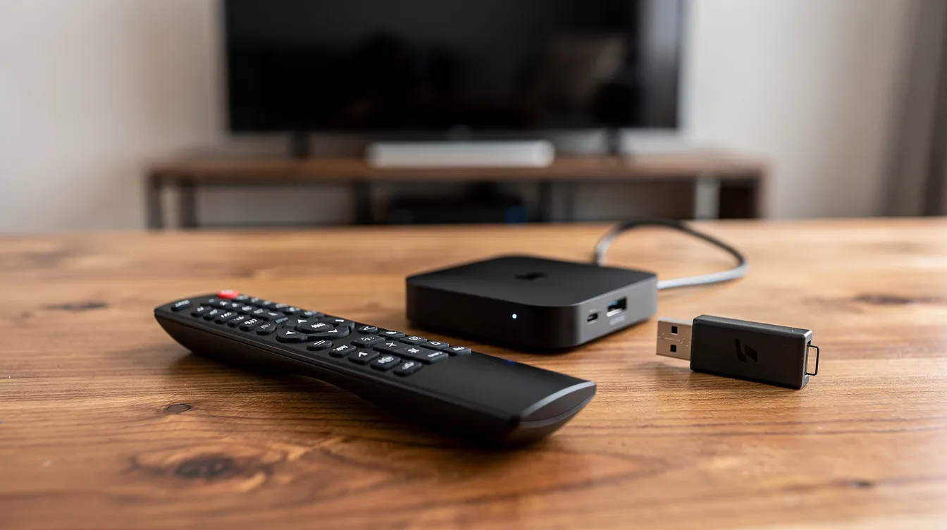 The image features various streaming devices, including a remote control, a small black streaming box, and a USB stick, all arranged on a wooden table next to a television. This setup highlights the convenience of internet protocol television (IPTV) and the seamless streaming experience it offers for live TV and on-demand shows.