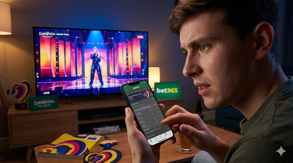 Person bettar på eurovision odds i mobil medan Eurovision Song Contest visas på TV inför finalen.