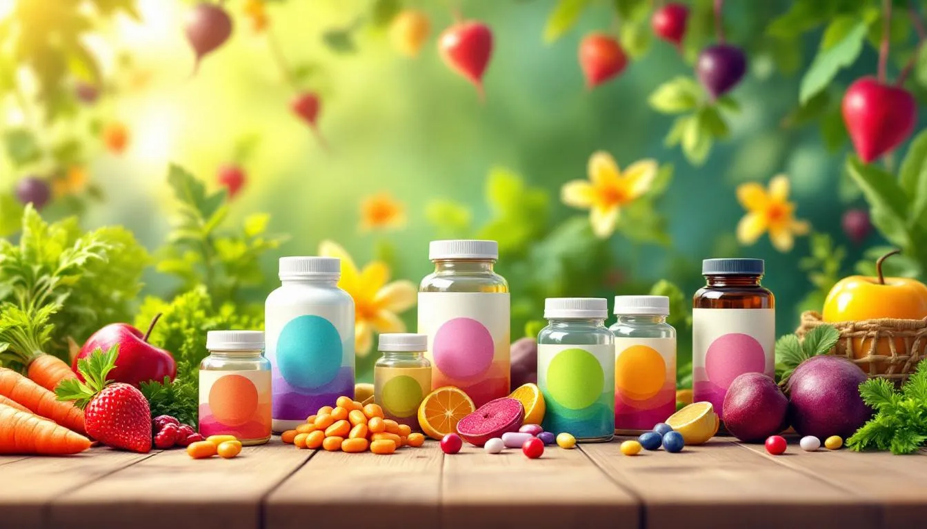 An assortment of supplements with earth energy fruits and veggies in the background.